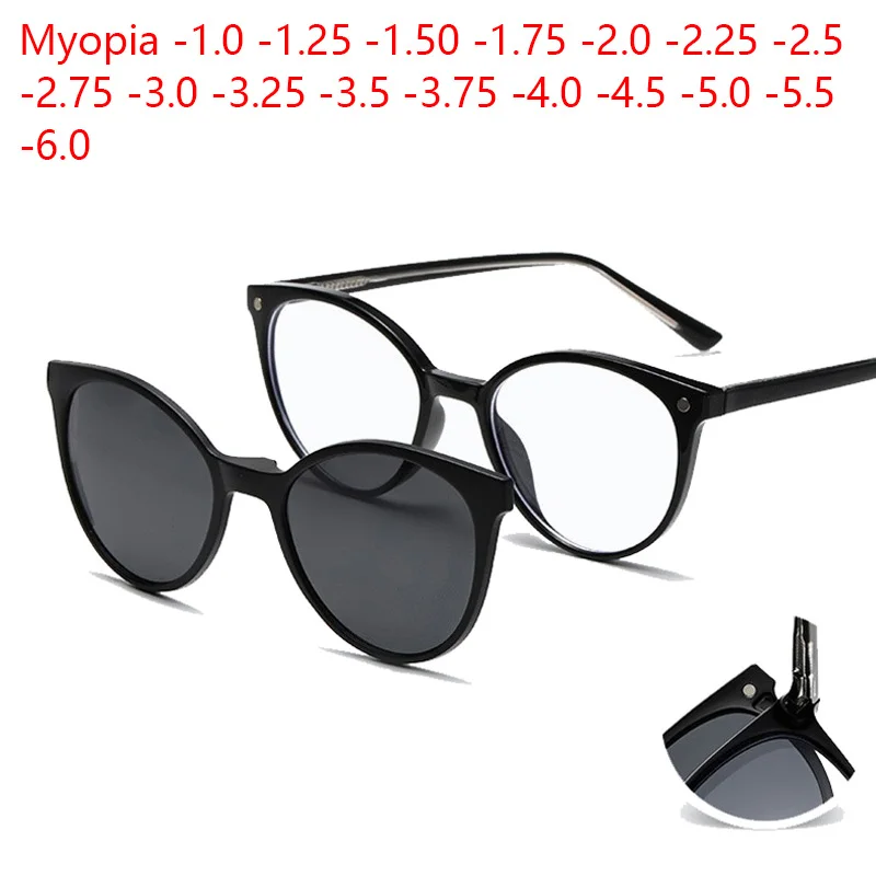 

6 In 1 Prescription Glasses Transparent Grey Myopia -0.5 To -10 Cat Eye Frame Magnetic Sunglasses Clip Blue Light Blocking