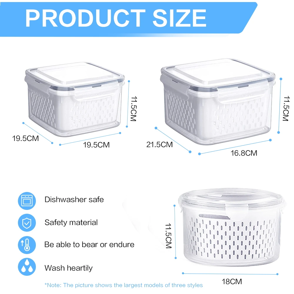 Refrigerator Storage Box with Drain Basket, Fresh Vegetable Fruit Boxes, Kitchen Containers, Fridge Organizer, 1Pc