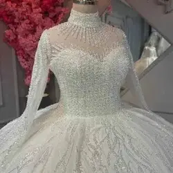 Customized Ball Gown Bride Married Lace Long -Sleeved Pearl High Necked Wedding Dress Custom Made Customization Bridal Gown