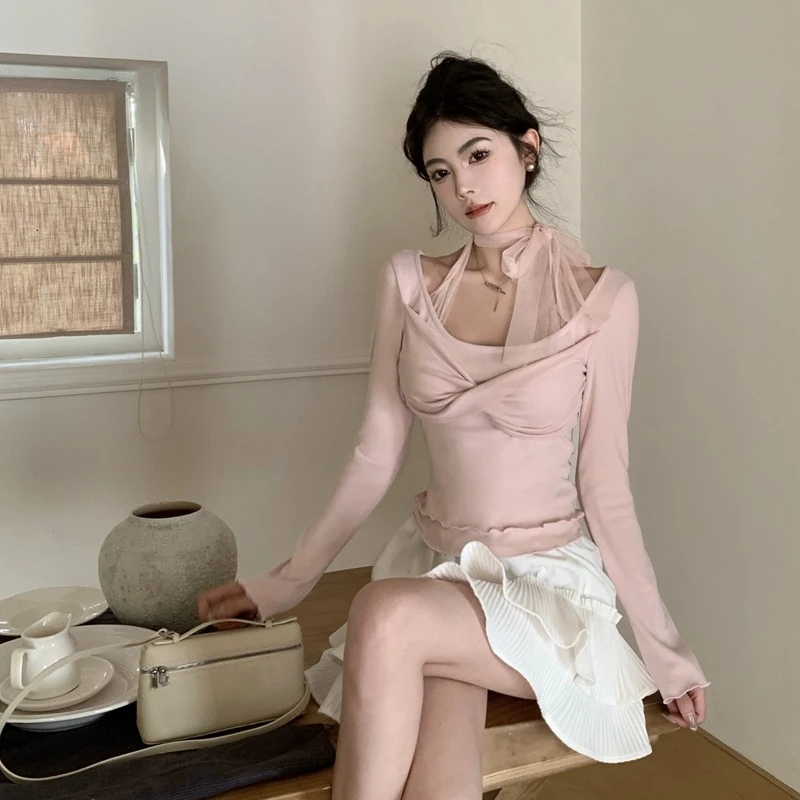 Spring New Splicing Mesh T-shirts Women Fake Two Pieces O-neck Long Sleeve Solid Color Office Lady Sweet Daily Short Tops Female