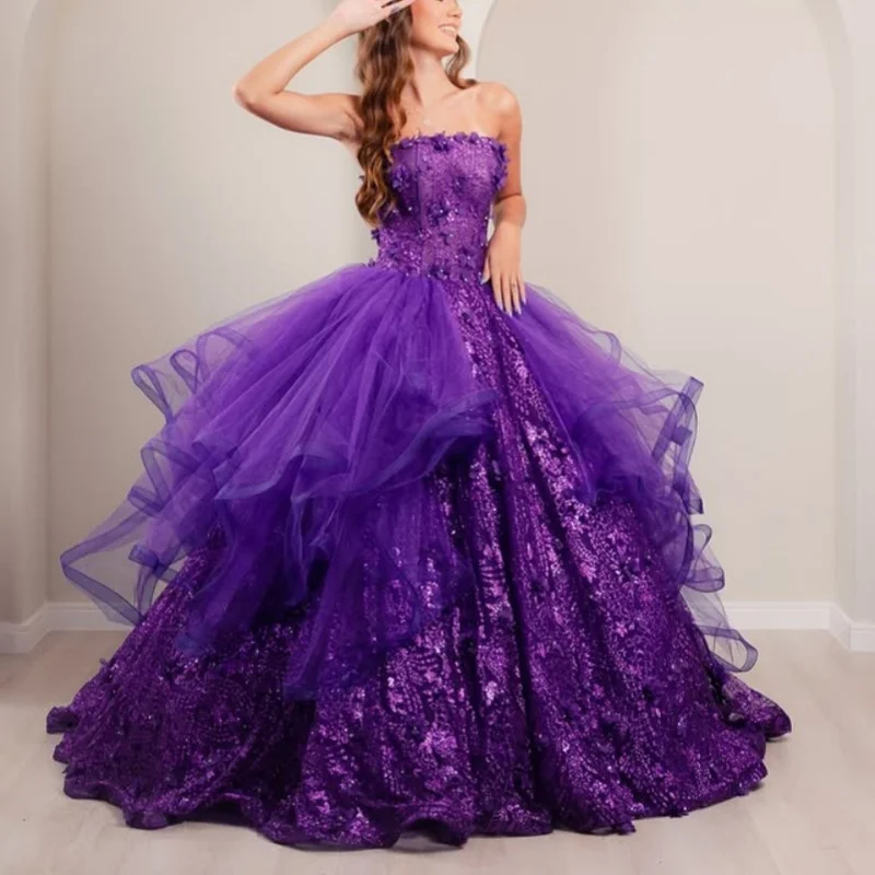 Gaun Quinceanera Ungu Tua Khusus Model Off Shoulder Payet Bunga 3D Ekor Panjang Vestido 15 Quinceanera