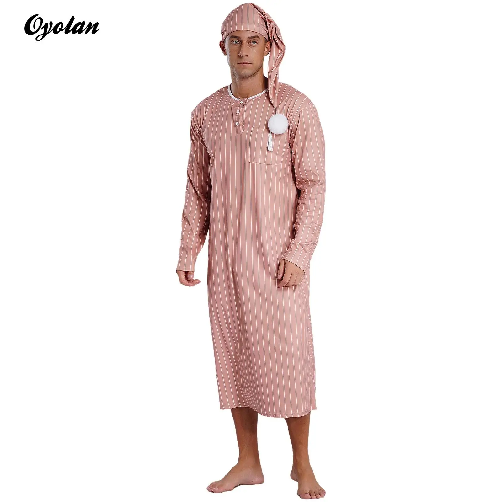 

Mens Long Sleeve Long Robe And Pompom Pajamas Arabian Muslim Shower Robe Robe with Hat Nightwear Adjustable Sleep Hat Costume