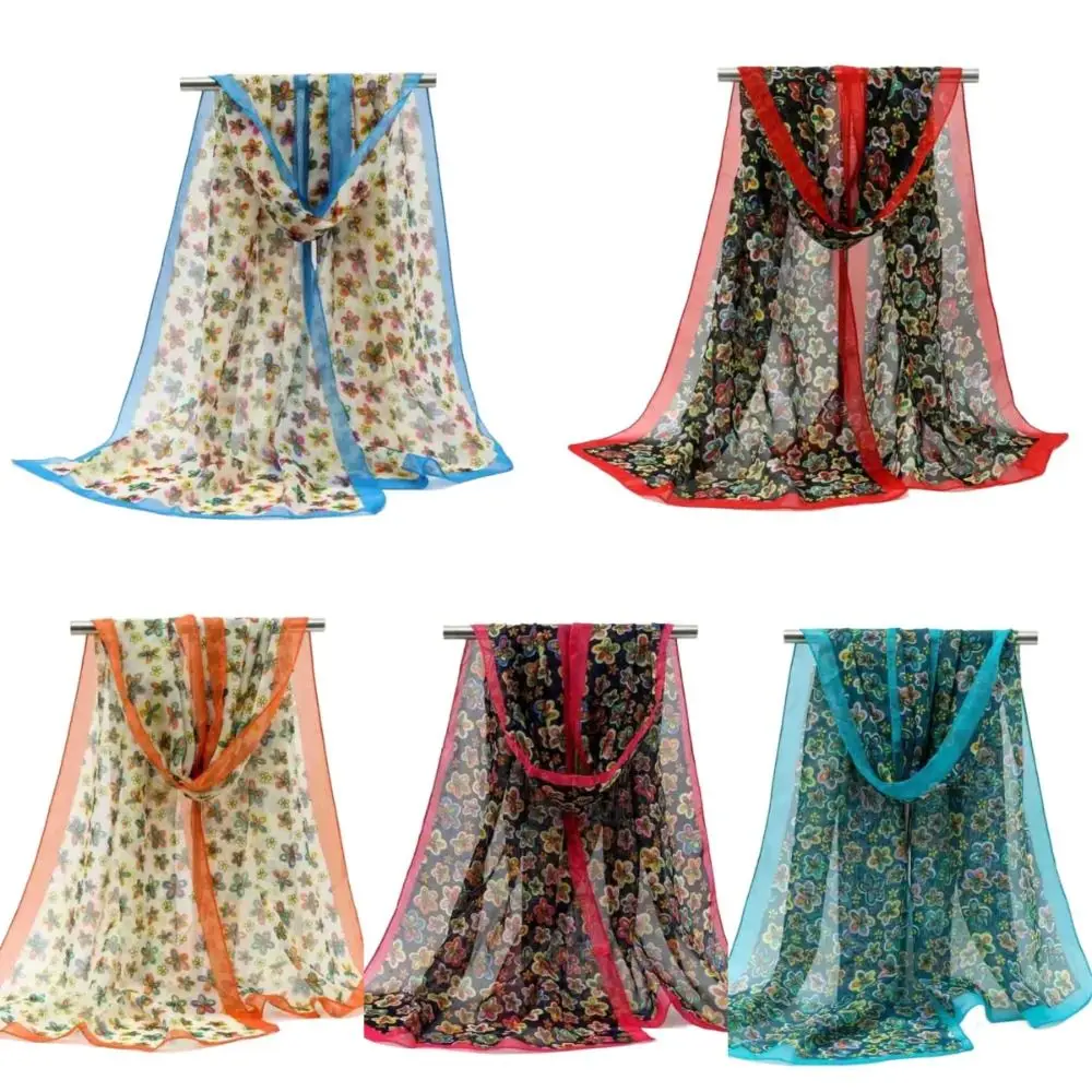 

Summer Flower Print Long Chiffon Scarf Soft Wrap Anti-sunburn Shawl Silk Sun Protection 5 Colors Neck Bandana Women