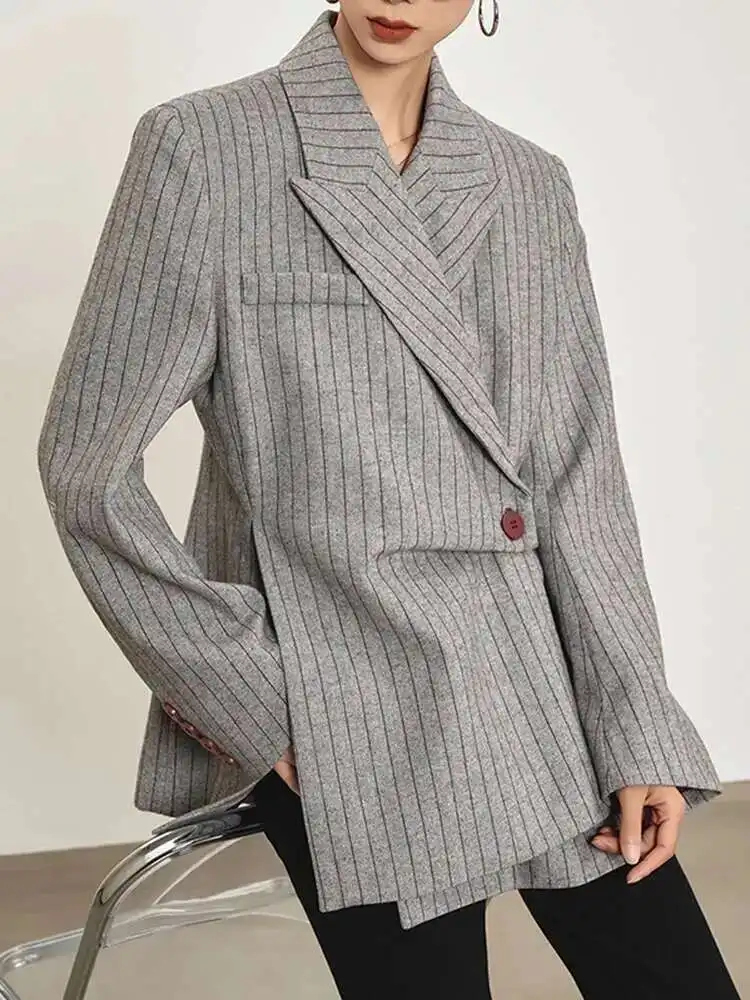 Senior Fashion Stripe Printed Asymmetric Blazers Women's Notched LongSleeve Gathered Waist Jackets 2025 Spring Newest outerwears