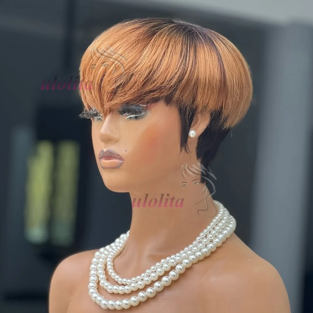 Short Straight Bob Wig Pixie Cut Wig Human Hair For Black Women With Bangs Brazilian Virgin Hair Non Lace front Cheap Wig Black image 4
