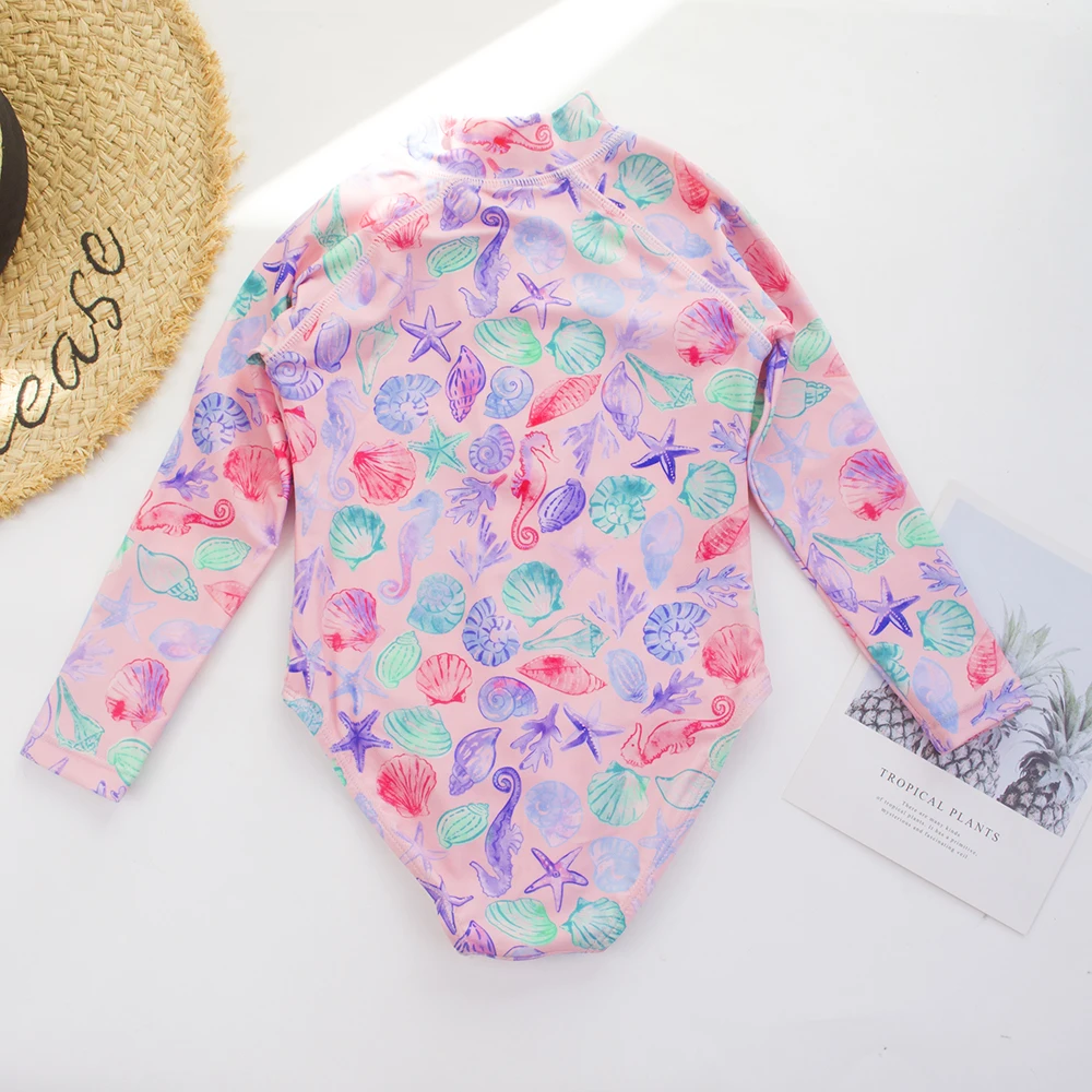 1-5 Year 1-piece Quick-Drying Shell Print Sunscreen Girls Swimsuit Zipper High Stretchy Long Sleeved Round Neck Kids Swimwear ﻿