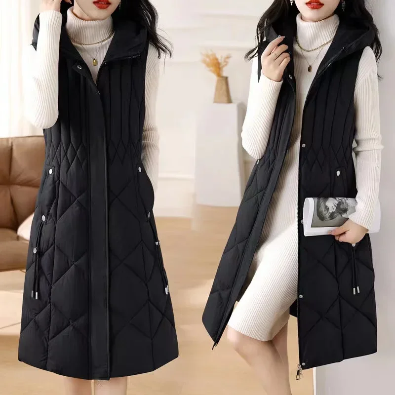 2024 New Winter Women Vest Cotton Coat Harajuku Hooded Long Coat Warm Overcoat Vests Sleeveless Jacket Female Outwear Streetwear
