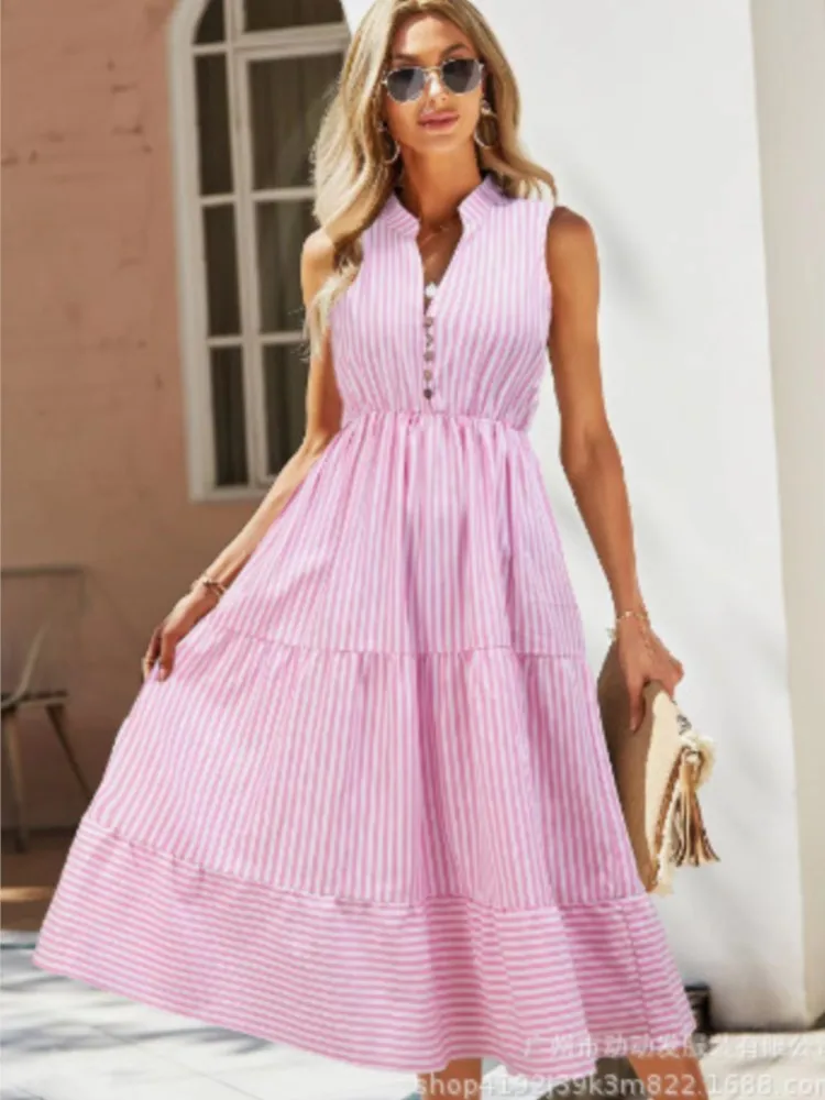 فستان قميص مخطط جديد للصيف للنساء بدون أكمام ورقبة على شكل حرف v فساتين طويلة أزرار غير رسمية على شكل حرف a فساتين عطلة الشاطئ ملابس نسائية