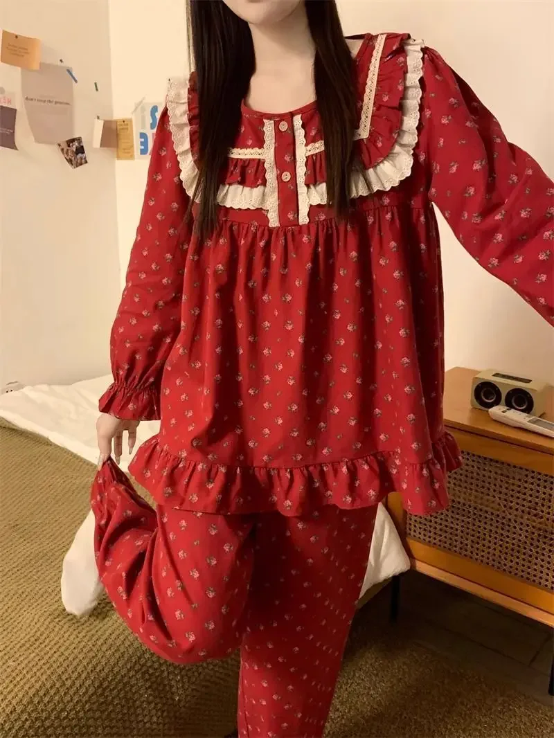 Red Pajama Sets Women Floral Sweet New Year Lace Sleepwear Home Spring Autumn Lounge Girlish Korean Fashion Soft Aesthetic Mujer