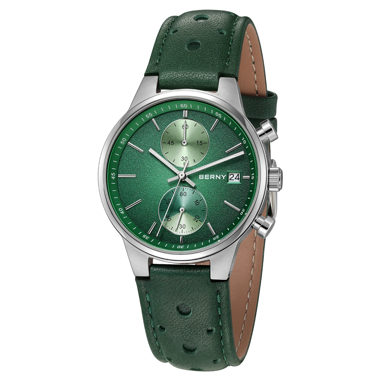 

Часы BERNY для мужчин, многофункциональный хронограф, светящаяся дата, кварцевые мужские часы, цветной кожаный ремешок, спортивные наручные часы