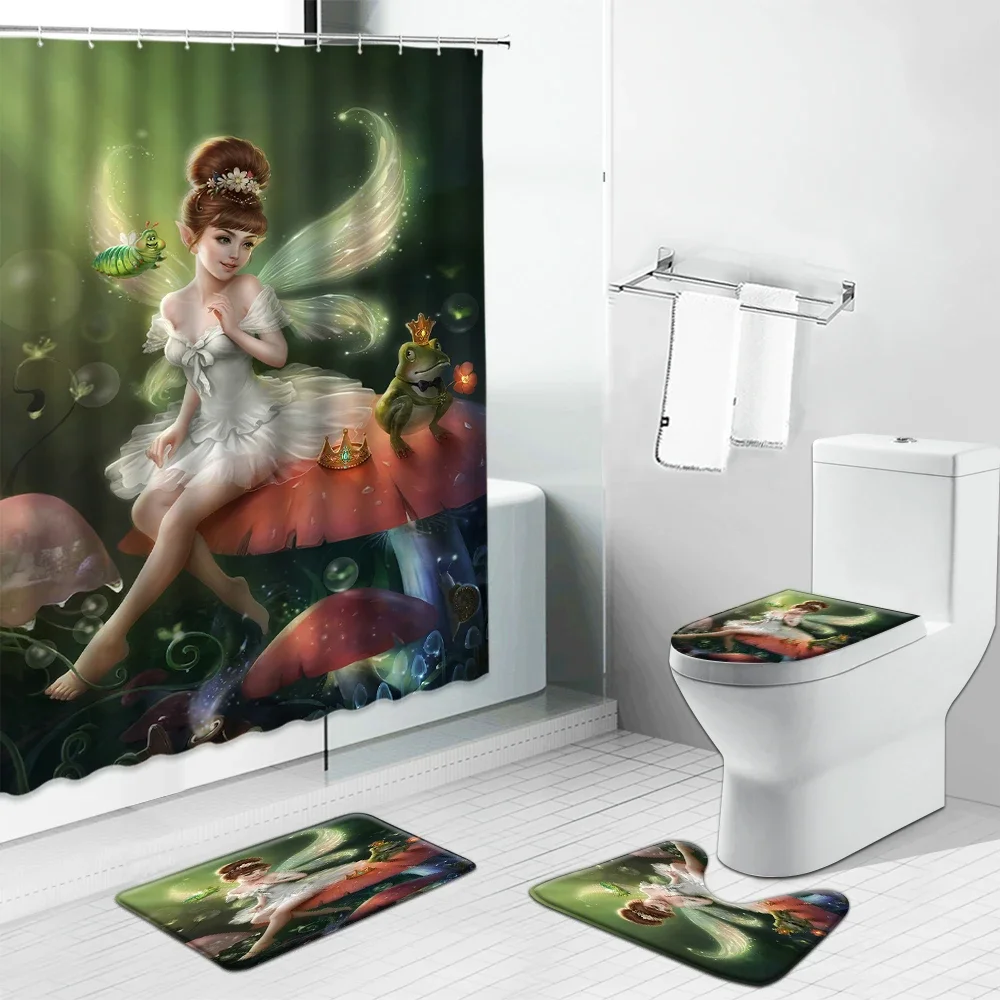 Angels in Heaven Shower Curtain Set Fantasy Enchanted Forest Elves Girl Mushroom Bathroom Curtains Toilet Lid Cover and Bath Mat