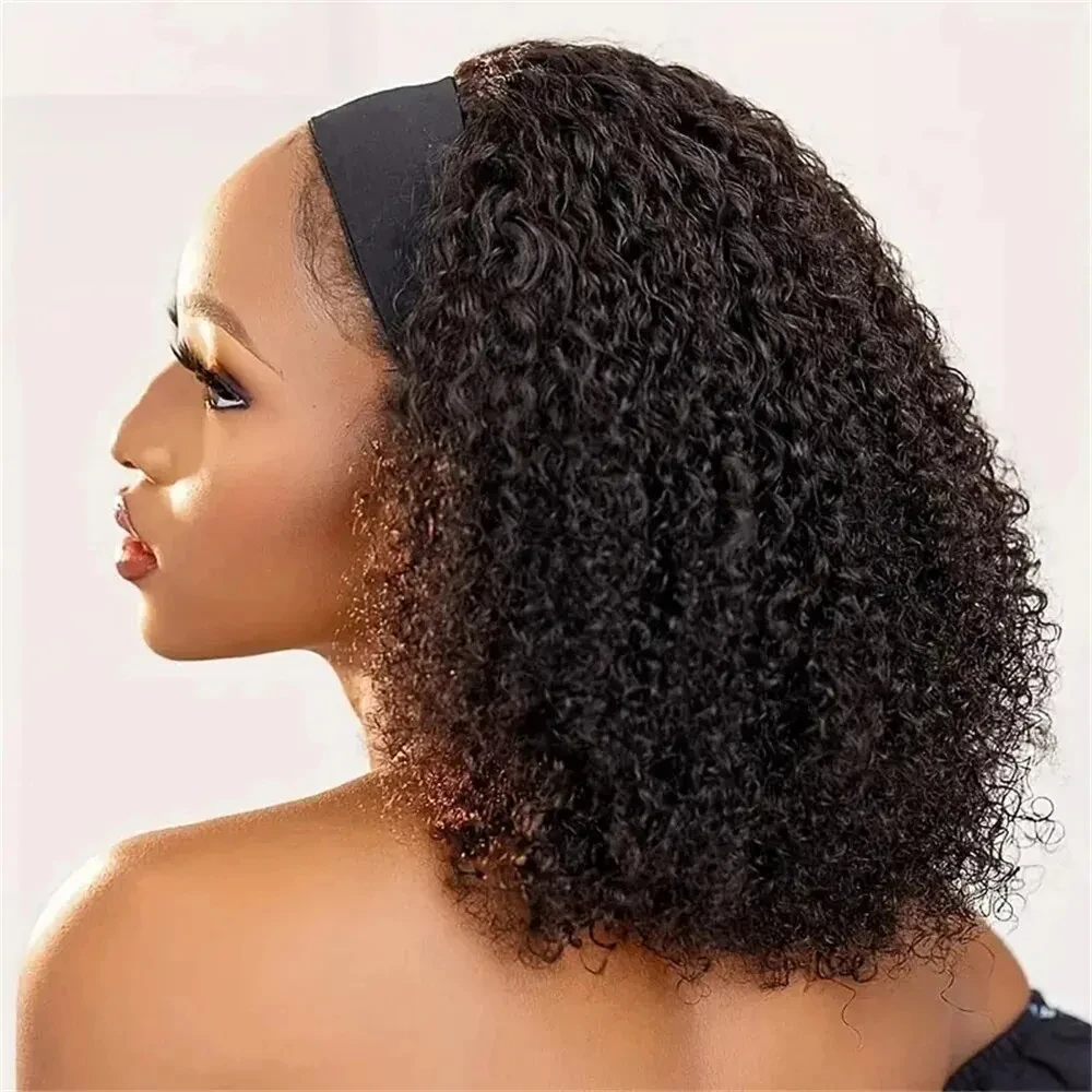 Aircabin Kinky Curly Hair Headband Wig Human Hair Bob Wigs Full Machine Made Short Bobo Curly Wigs for Women Natural Black Color