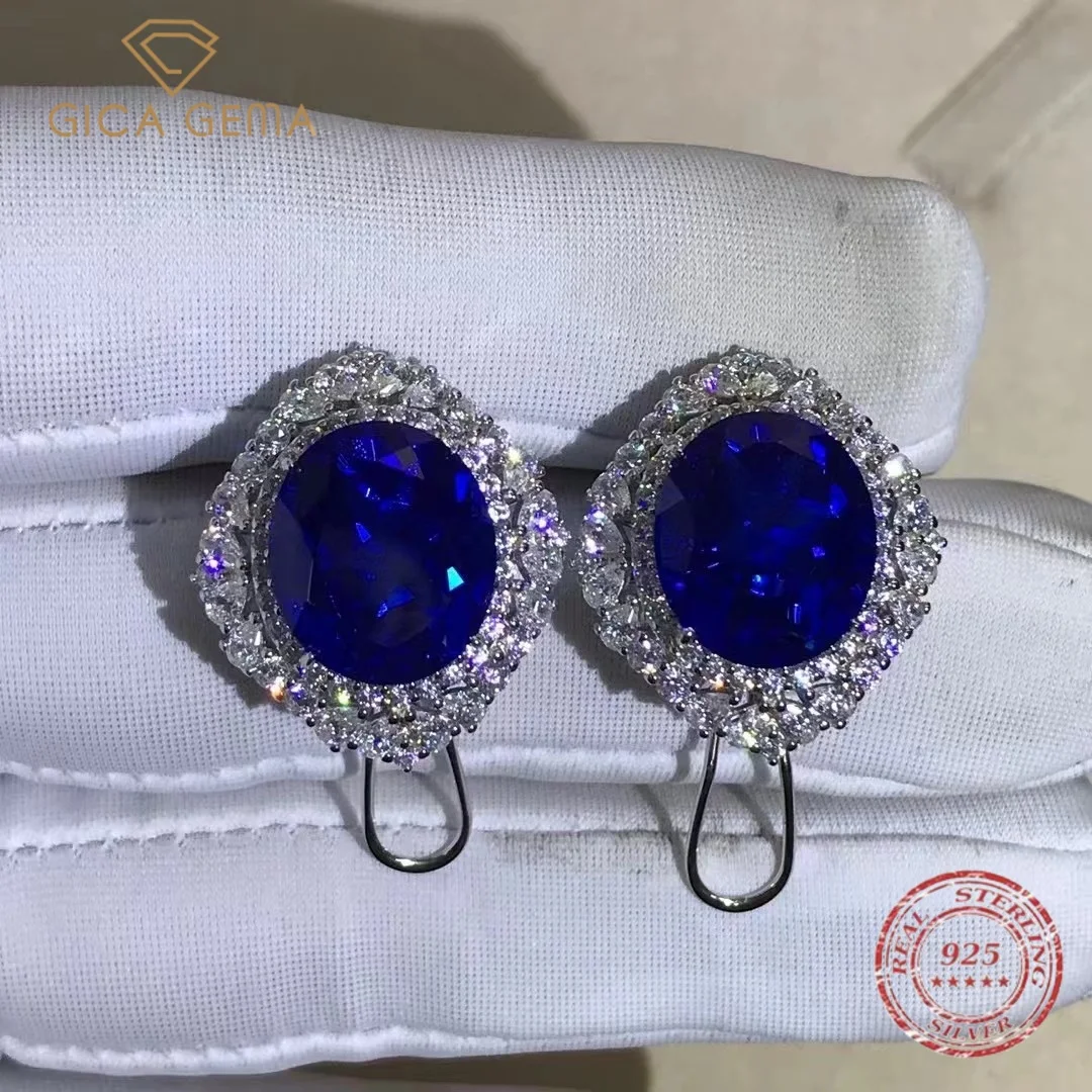 Gica Gema 100% 925 Sterling Silver Earrings For Women Round Sapphire High Carbon Diamonds Gemstone Ear Studs Fine Jewelry Gifts