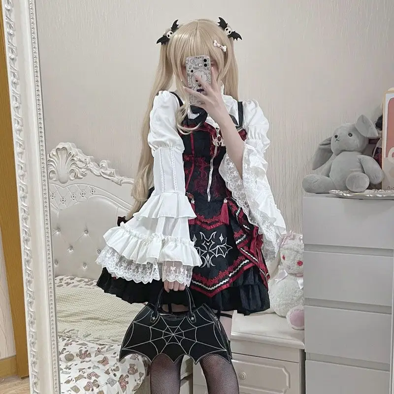 New Spring Autumn Gothic Women Blouses Stand Collar Ruffles Basic Top Elegant Lace Flare Long Sleeve Lolita Princess Shirts