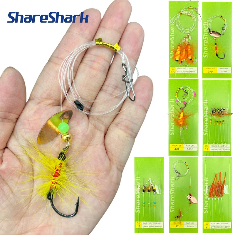 ShareShark 3 Stück/Beutel Vorgefertigte Fertiggebundene Vorfächer mit Fliegenhaken, Wirbeln und Perlen Schnur-Haken Angelausrüstungs-Set