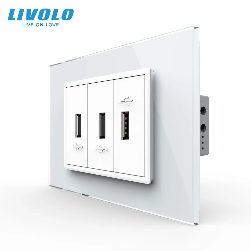 New Livolo C9 US AU Standard 3 Usb Power Socket Plug,Pearl Crystal Glass Panel，Usb Charger Socket VL-C9C3USB-11