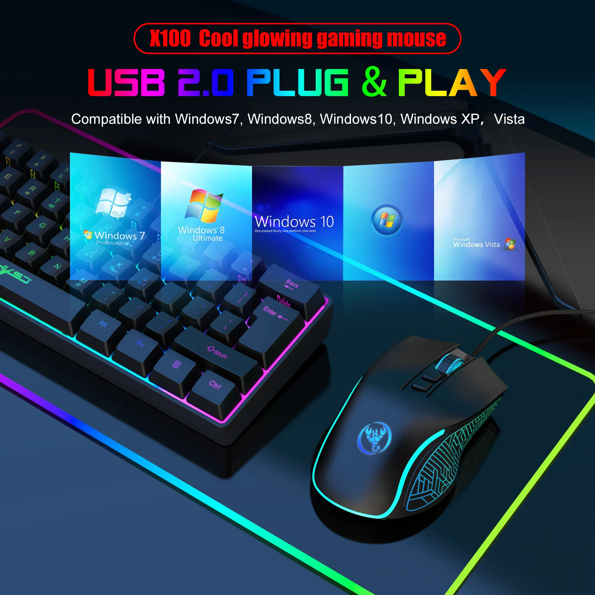 Popular choice HXSJ X100 ergonomic RGB backlit ABS 7D 3600DPI adjustable optical wired gaming mouse for laptop game image 3