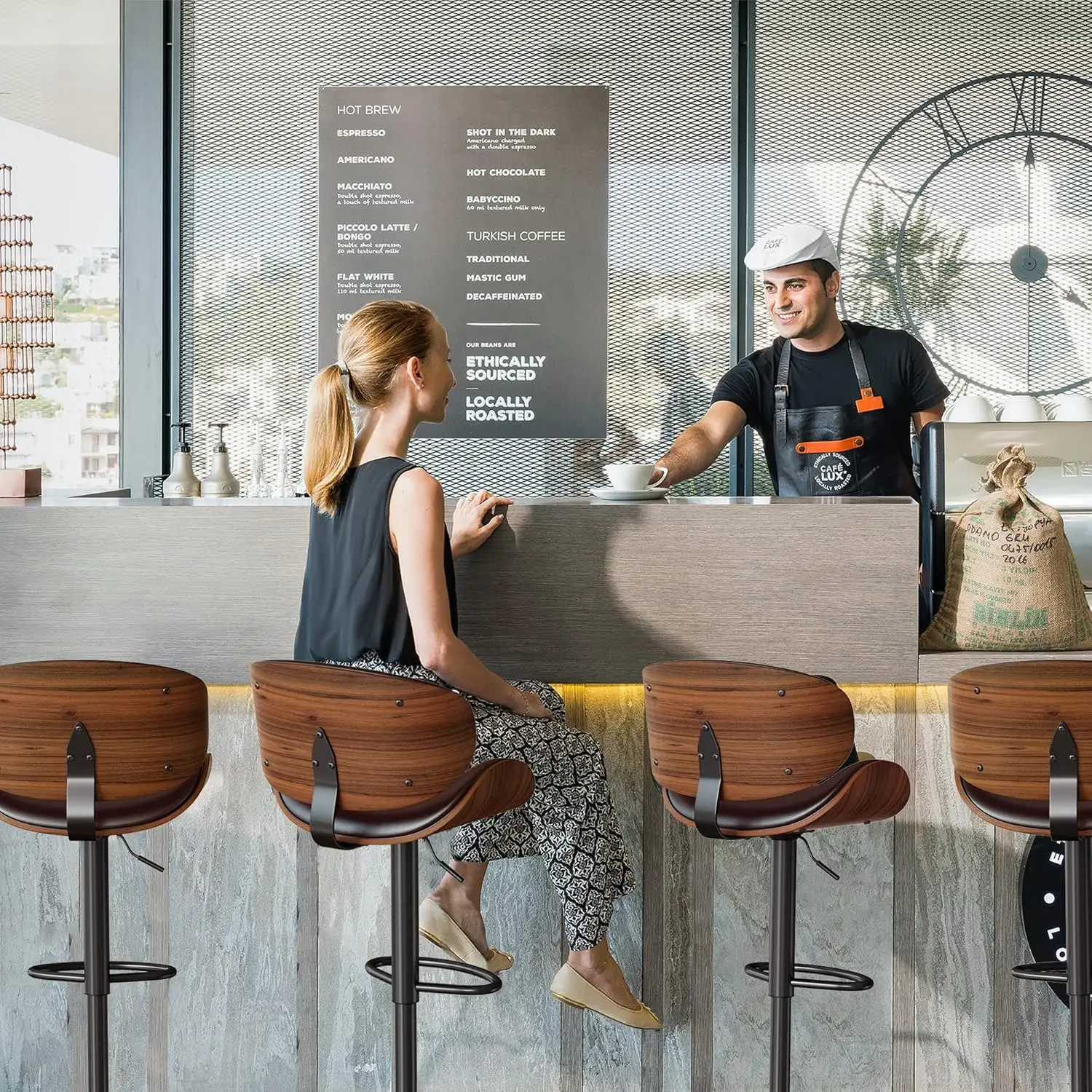 Lot de 4 tabourets de bar modernes en cuir synthétique, réglables, marron, pour la cuisine, la salle à manger