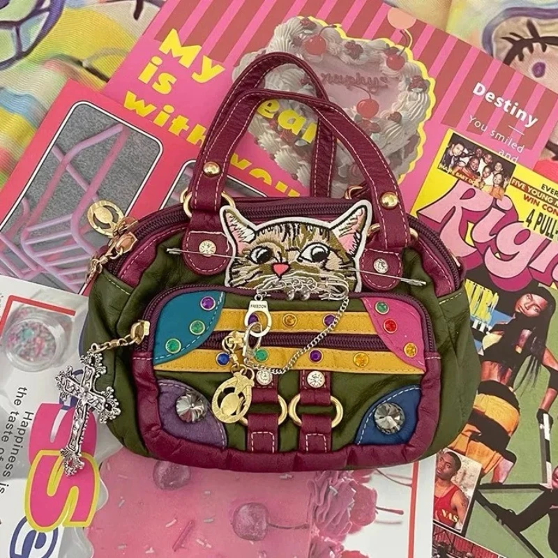Bolsa japonesa vintage retrô para senhoras, Y2K Babes, bolsa feminina personalizada, gato bonito de Kawaii, bolsa de couro macia, bolsa lateral para senhoras, bolsa lateral