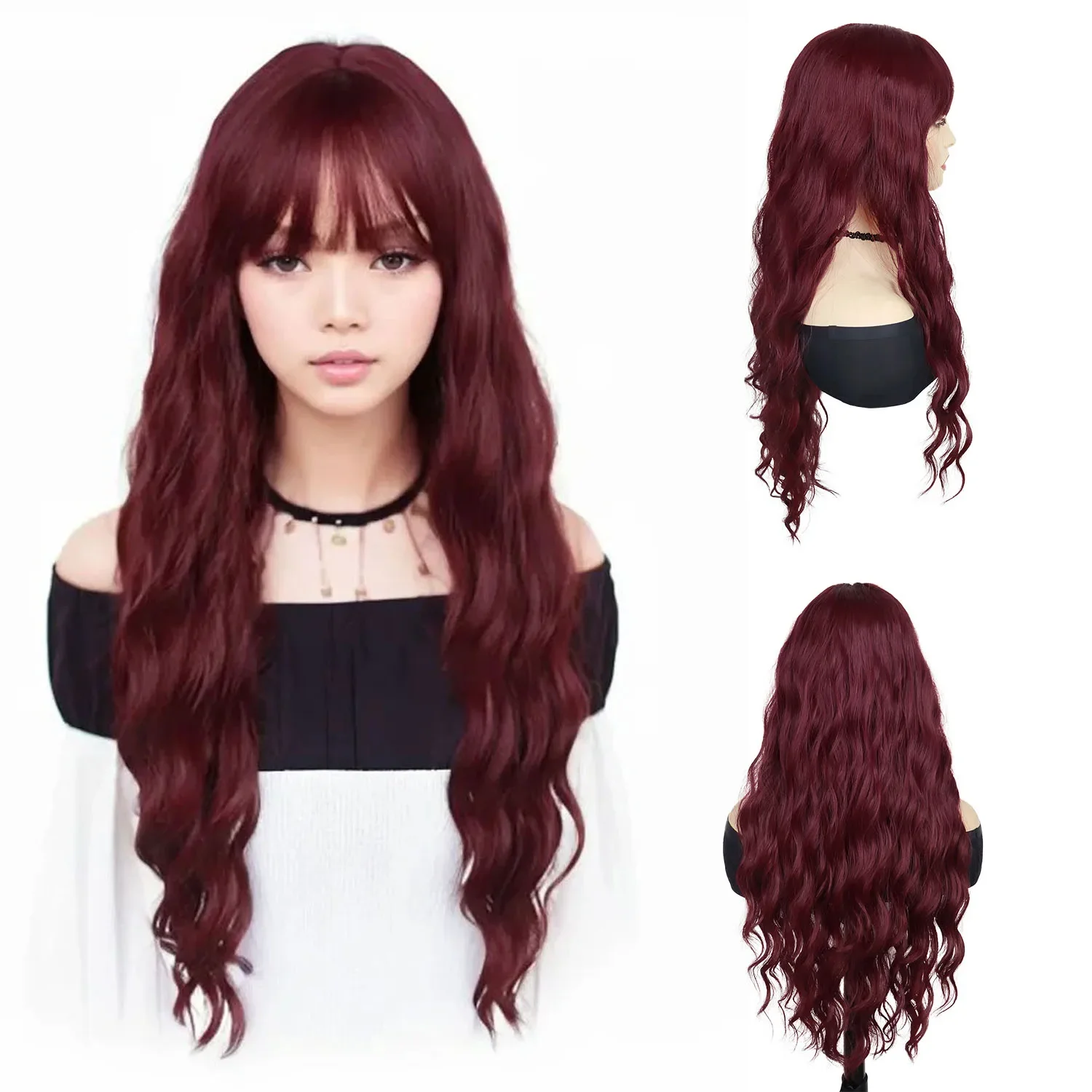 Synthetic Auburn Cosplay Wigs Long Water Wavy Wig with Bangs for Women Girls Halloween Wig Costume Carnival Party Christmas Use