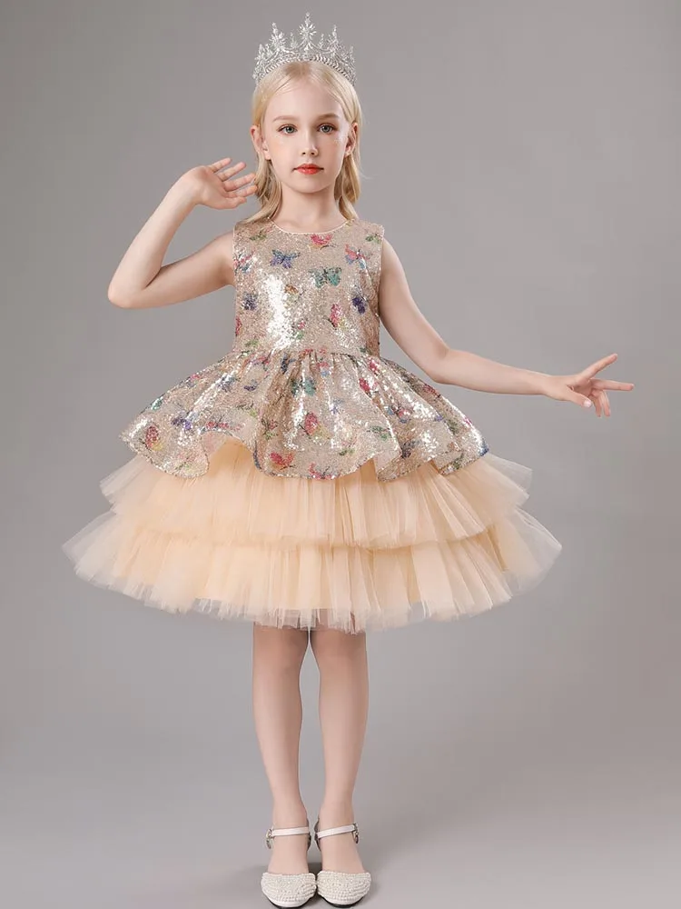 Cute Sleeveless Sequined Tiered Bow Flower Girls Dresses Princess Special Occasion Custom Costume Kid Clothes 2023