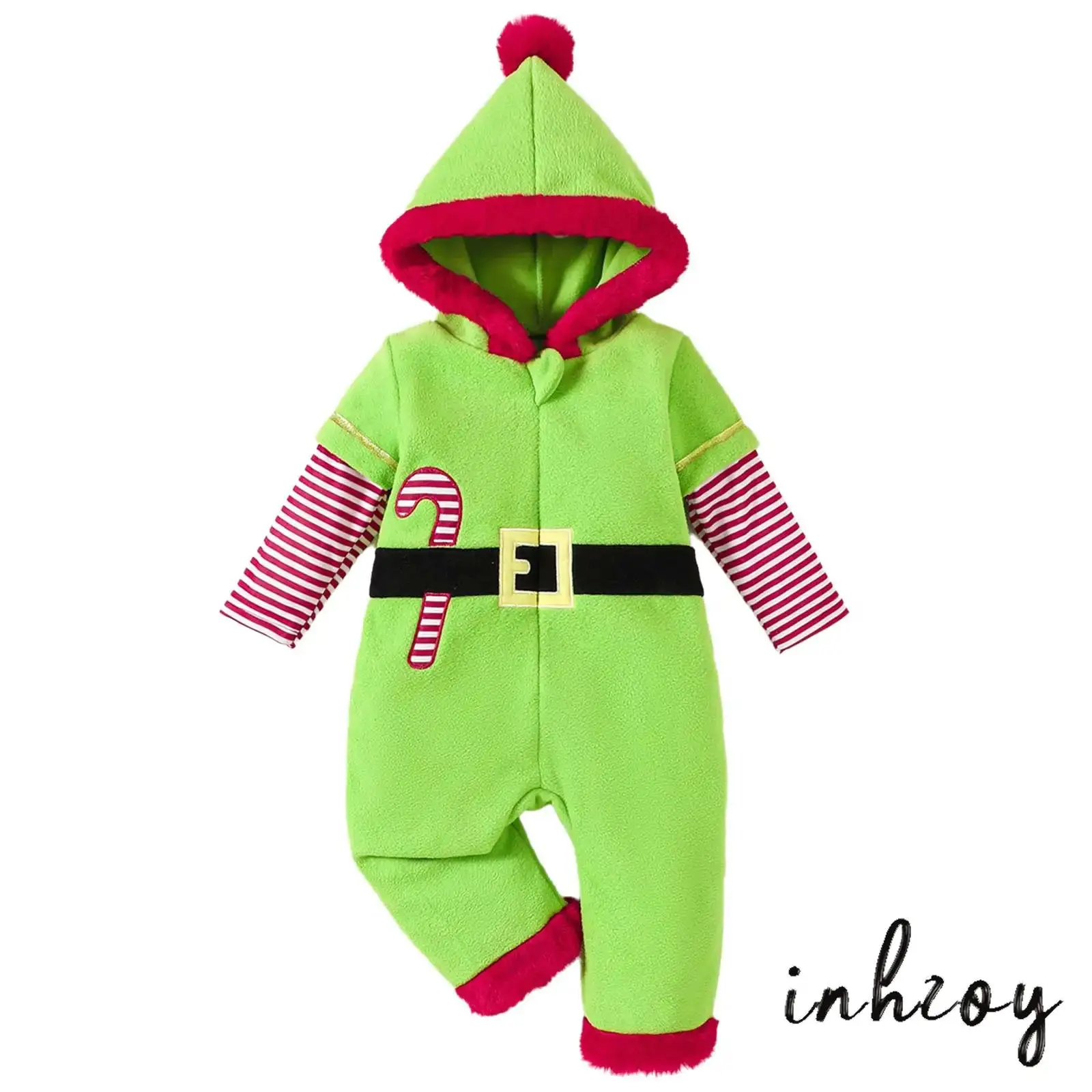 

Baby Boys Girls Christmas Romper Santa Claus Costumes Stripe Embroidery Long Sleeve Hooded Jumpsuit for Xmas Party Photos Shoot
