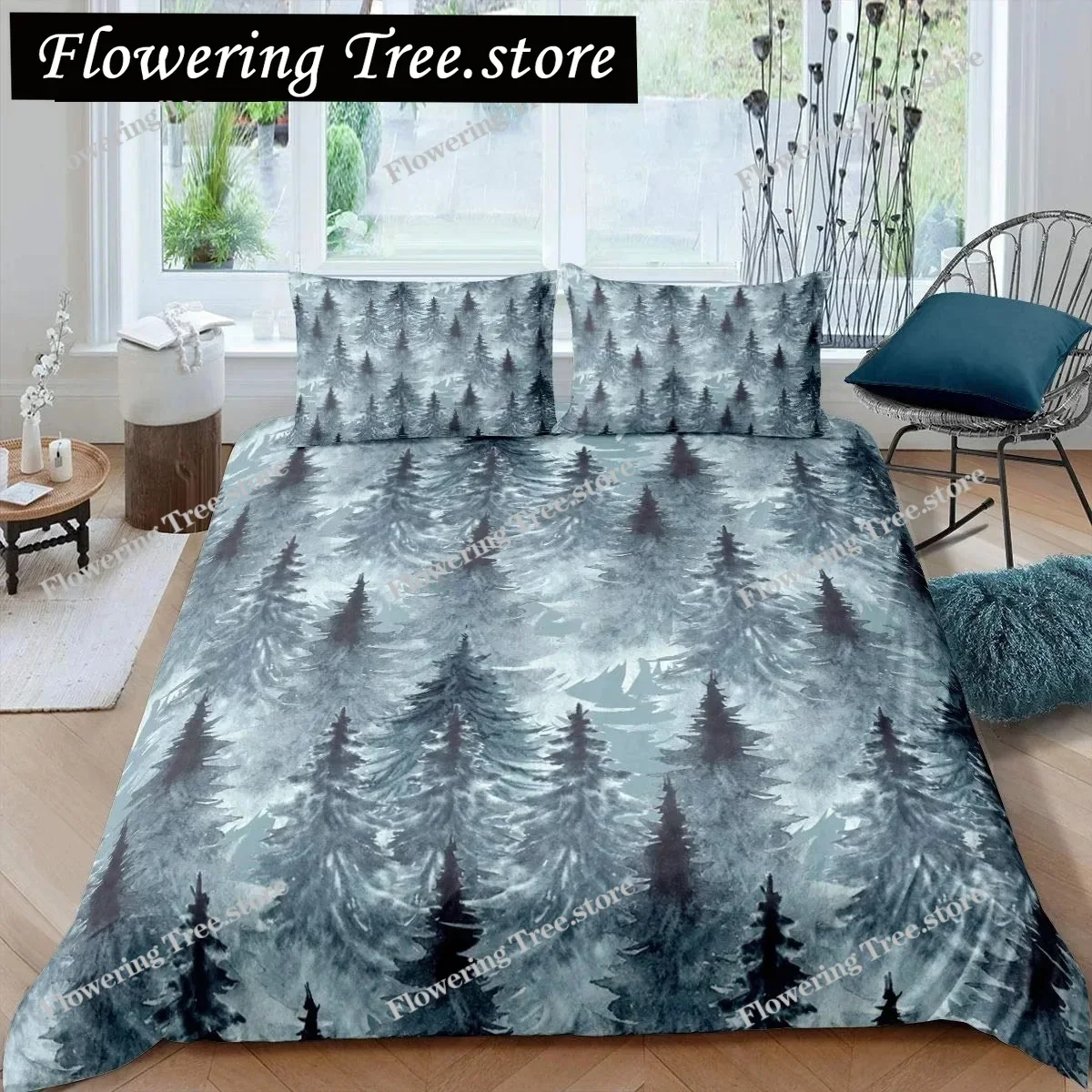 Smoky Mountain Duvet Cover Set Pine Trees Comforter Cover Boys Landscape Quilt Cover Natural Scenery Art Polyester Bedding Set