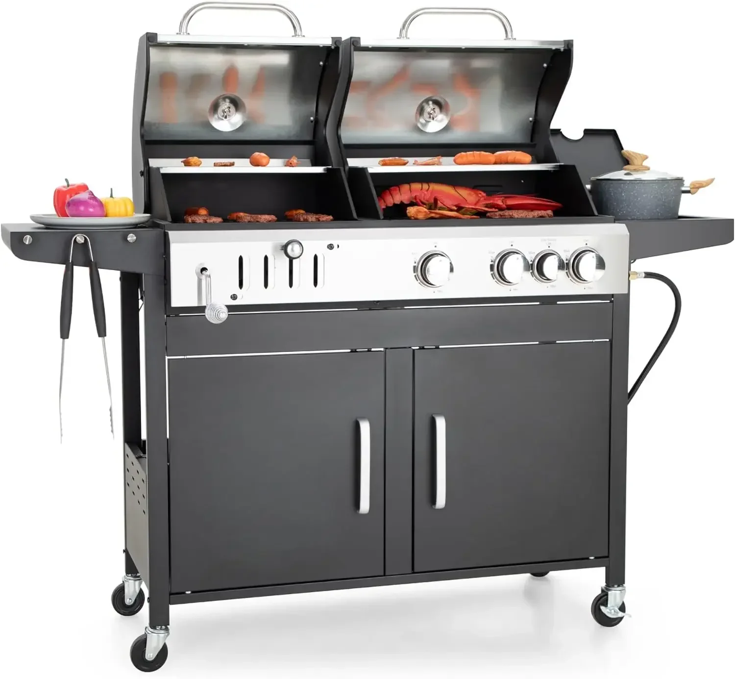 

Captiva Designs Propane Gas Grill and Charcoal Grill Combo with Side Burner & Porcelain-Enameled Cast Iron Grate.