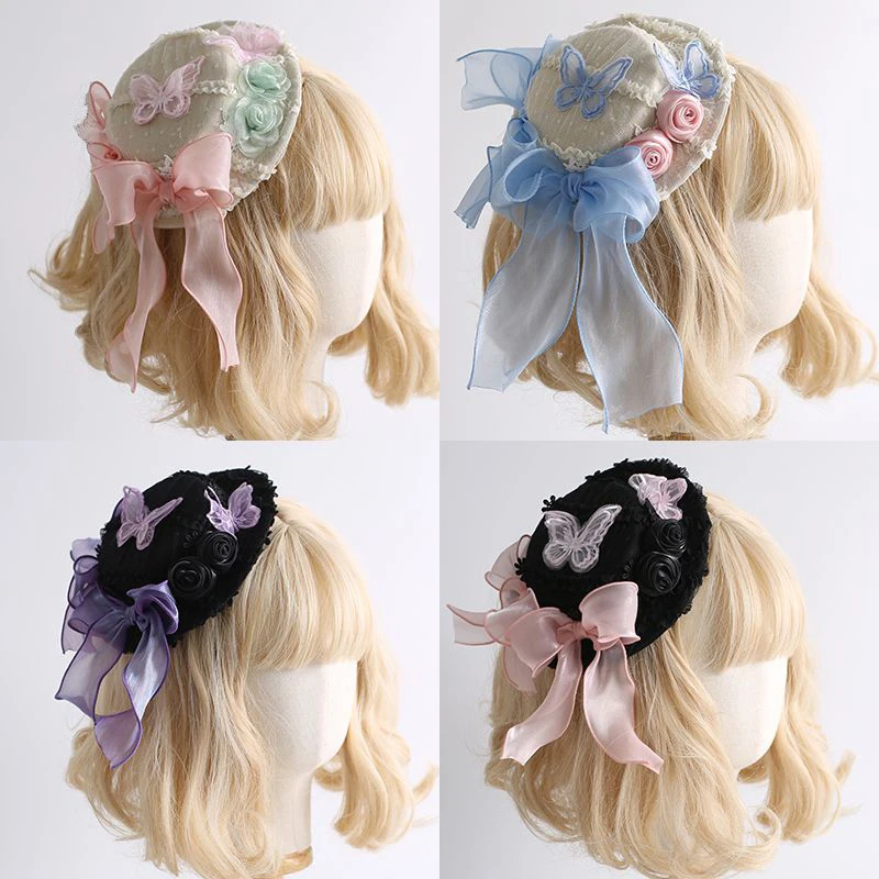 

Ribbon Bow Hairclips Small Hat with Hairpins Girls Lolita Lace Butterfly Ruffled Headband Sweet Anime Maid Cosplay Headdress