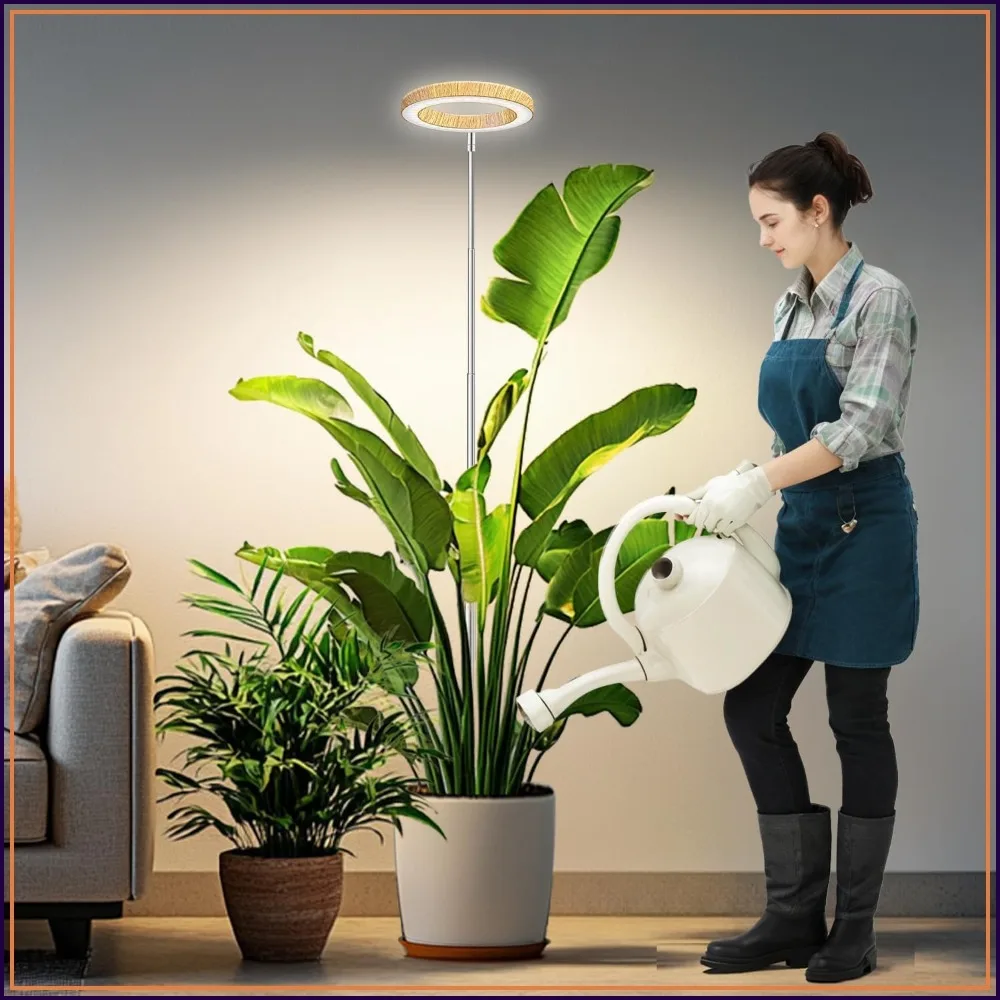 

Full Spectrum Grow Light for Indoor Plants, 6/12/16H Timer, 3 Modes, 5 Brightness, Adjustable 10-65in, Wood Grain