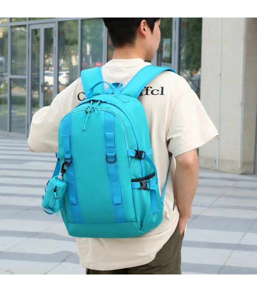 Lake blue webbing casual backpack anti splash attached small pouch for students daily schooling outdoor short travel