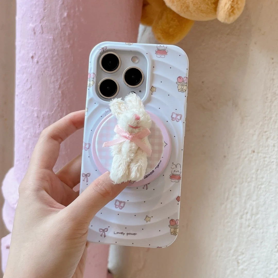 

Korea Cute Flower Rabbit For Magsafe Wireless Charge Phone Case For iPhone16 15 14 13 Pro Max Plush Bunny Magnetic Holder Cover﻿
