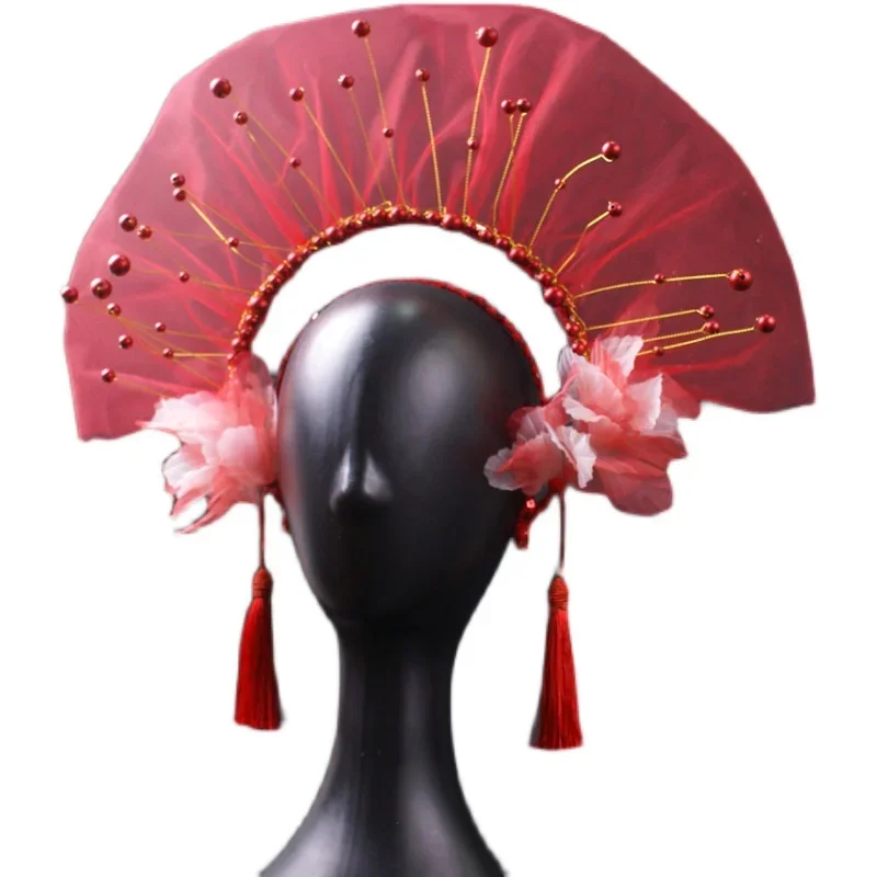 قناع بولي فينيل كلوريد أحمر ثلاثي الأبعاد على الطراز الصيني للبالغين ، أحمر وأسود ، غطاء رأس بشراشيب غزل ، دعامة أداء رائعة ، مسرح غناء عصري