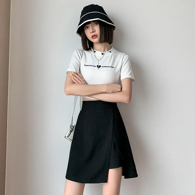 2024 New Women Summer High Waist A-Line Split Front Asymmetrical Mini Suit Skirt with Inner Shorts Back Flared Hem Casual Office