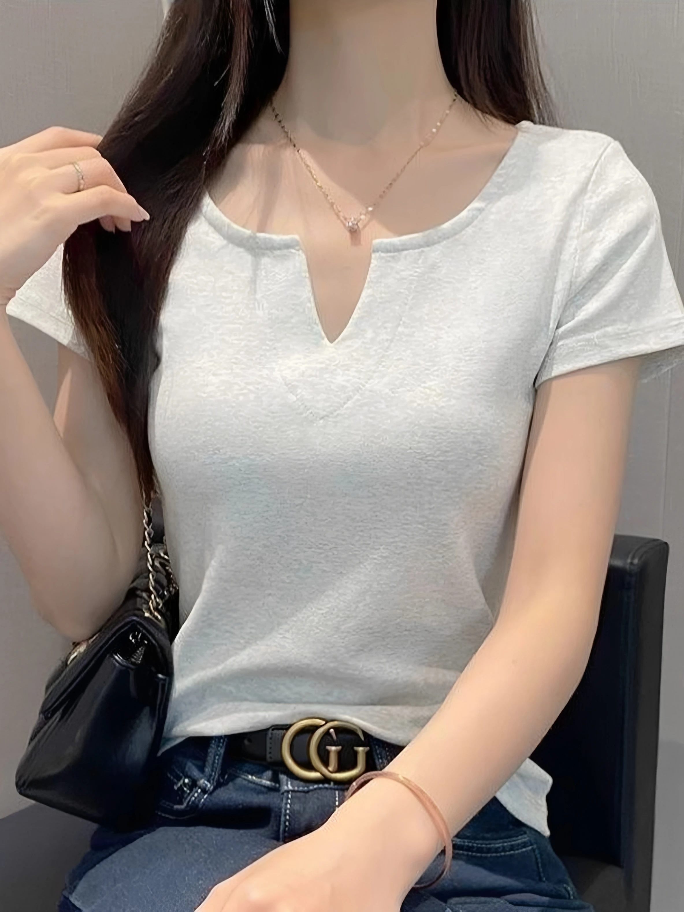 Slim Fit Women's Short Sleeve T-Shirt V-Neck 95 Cotton plus Size Summer New Style Casual Comfortable Breathable Top