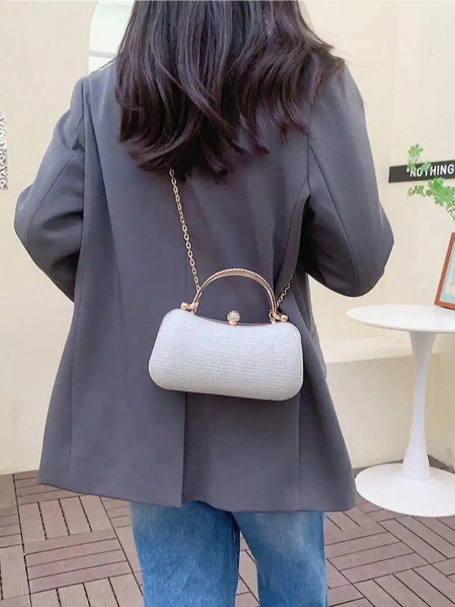 

Elegant Mini Box Shaped Evening Bag With Crystal Decor Metal Chain Shoulder Strap For Women