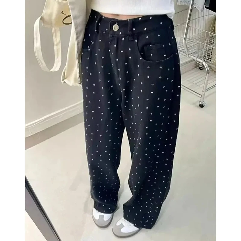 Damen Designer Wave Point Casual Jeans 2026 Neue Mädchen Straight Leg Denim Hosen Damen Mode Baggy High Waist Hosen