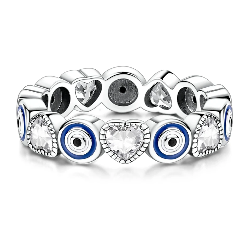 Original 925 Sterling Silver Sparkling Blue Eye and Heart Ring For Women Girls Jewelry Birthday Anniversary Gifts