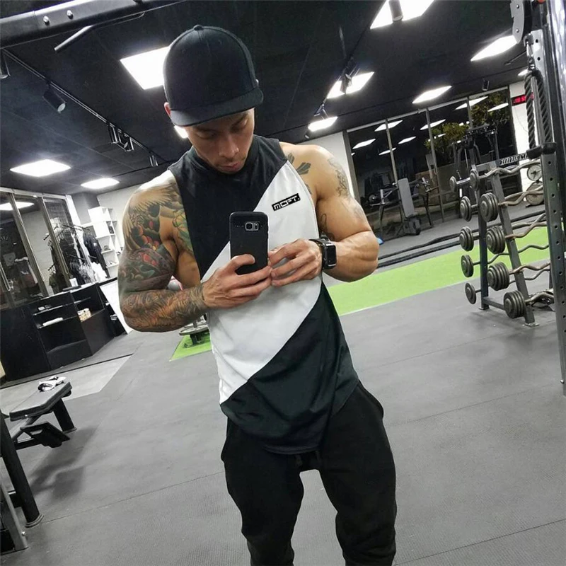 Summer Cotton Patchwork Mesh Gym Fitness T-shirt Men\'s Bodybuilding Running Sleeveless Tank Tops Outdoor Sports Training Vests