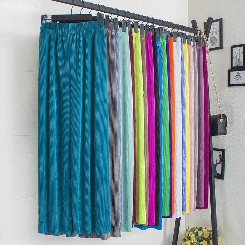 Slimming Ice Silk Pleated Wide Leg Pants Elastic Waist Thin Sle Casual Yoga Trousers Polyester Fiber Commute Sle Loose Fit