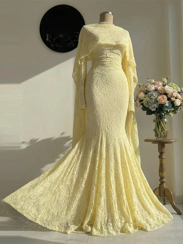 LGRQ 2026 New Elegant Round Neck Long Sleeved Waist Slimming Dress With Lace Shawl Temperament Women's Party Gown 19DB2591