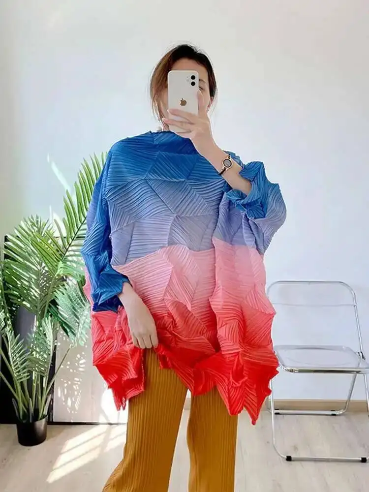 Gradient Shirts Pleated For Women 2025 Spring And Summer New Color Block Fold Pullover Loose Irregular Long Shirt Q7YE