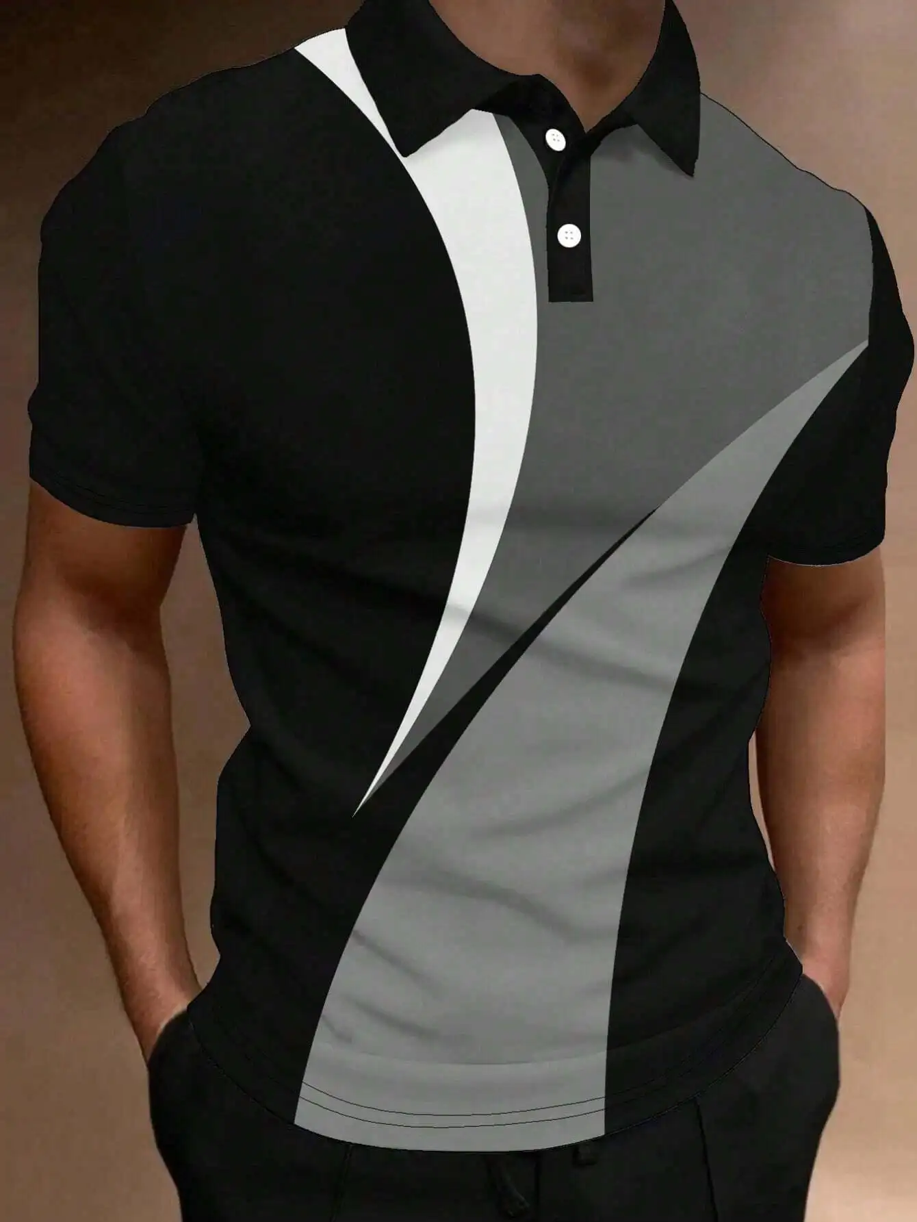 

Men's Color Block Polo Shirt in Black, Light Grey & White - Casual Short Sleeve
