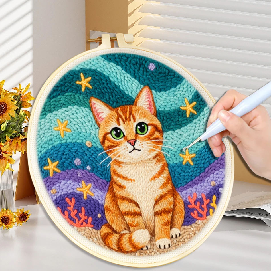 Punch Needle Embroidery for Beginner Cute Cat Animal Diy 20x20cm Sewing Poke Embroidery Craft Set Home Decor Festival Gift