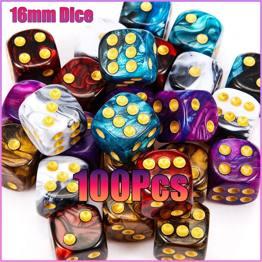 6-Sided Square Dice Set para jogar jogo de tabuleiro, cores aleatórias, canto redondo, jogando jogo, ensino, matemática, D6, 16mm, 100, 50, 30, 10pcs