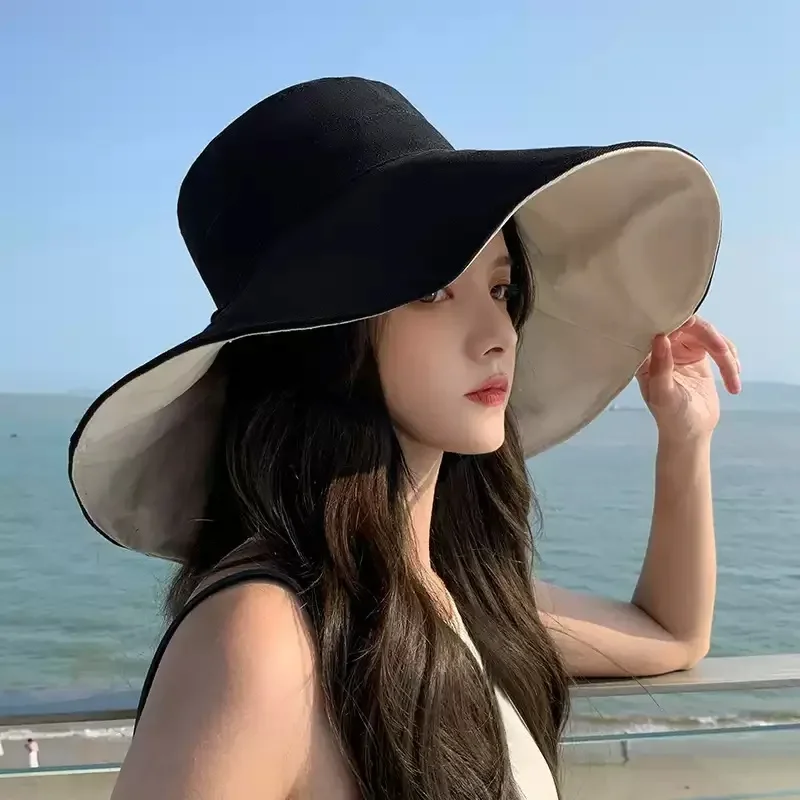 Spring Summer New Big Wide Brim Women Bucket Hat Solid Color Foldable UV Protection Outdoor Beach Panama Cap Sun Hats