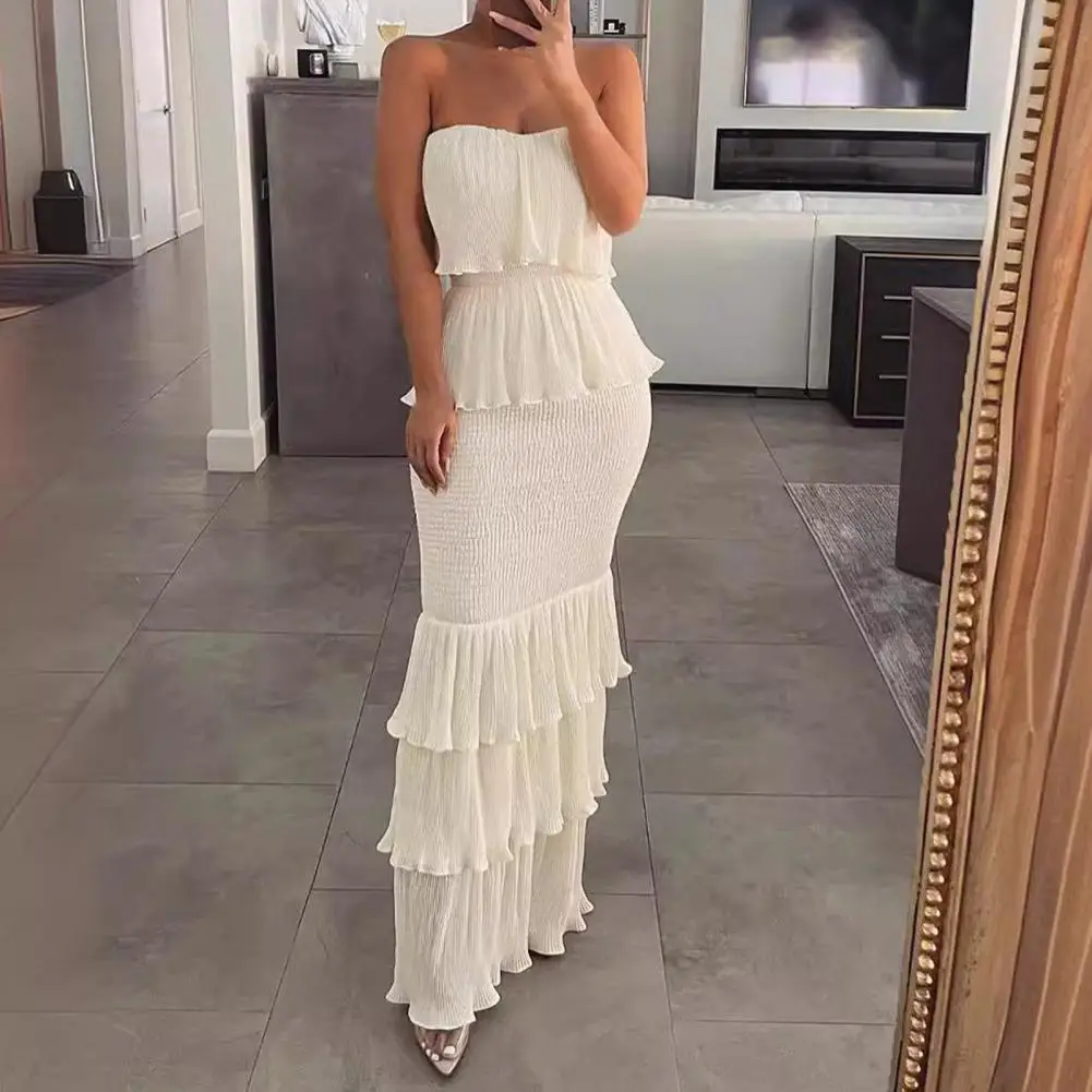 

Women Tube Top Dress Elegant Off Shoulder Maxi Dress Pleated Ruffle Backless for Cocktail Parties Banquets Proms Women Evening