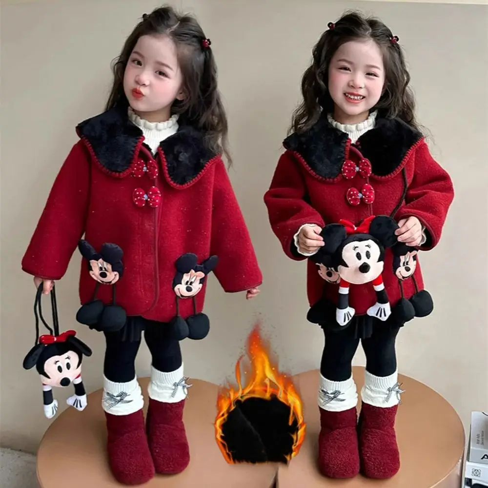 

Красное пальто для девочек, новинка 2024, осенне-зимнее детское пальто с воротником с лацканами и бантом, модное милое шерстяное пальто с рисунком Микки Диснея