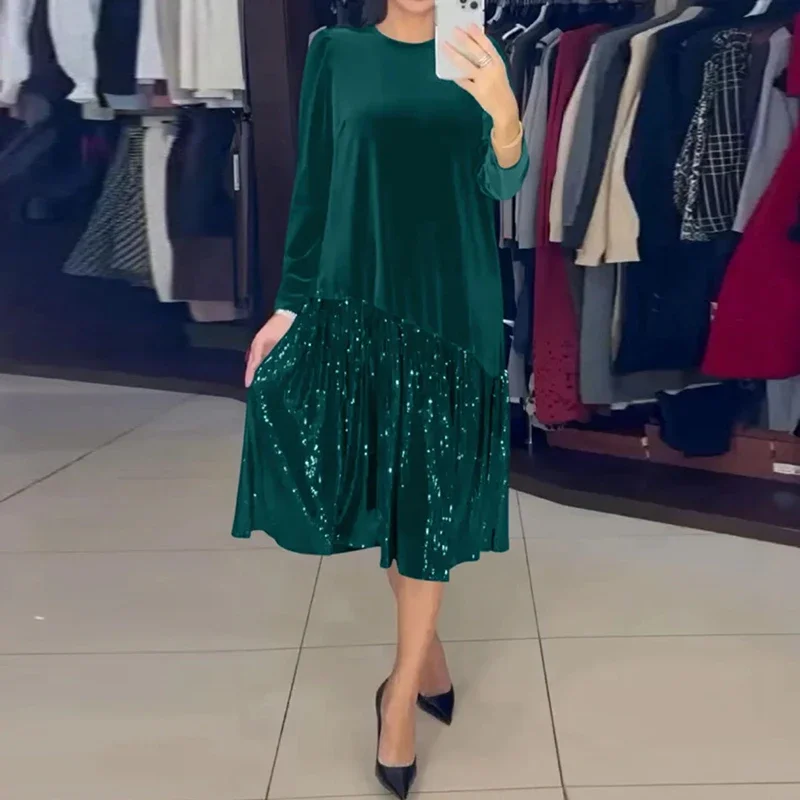 Abiti da sera con paillettes impiombate in velluto solido autunnale Abito da donna elegante con scollo a O lungo pullover Abito invernale con orlo a maniche lunghe
