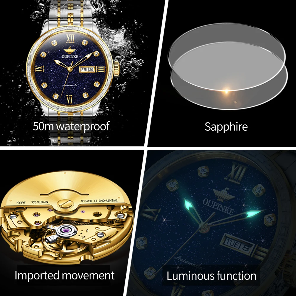 OUPINKE 3241 Luxury Starry Sky Dial Mechanical Watch For Men Deep Waterproof Automatic Man Wristwatch Dual Calendar Dress Watch